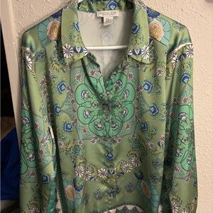 Rachel Zoe XL Mint and Blue Floral Silky Button Down Top